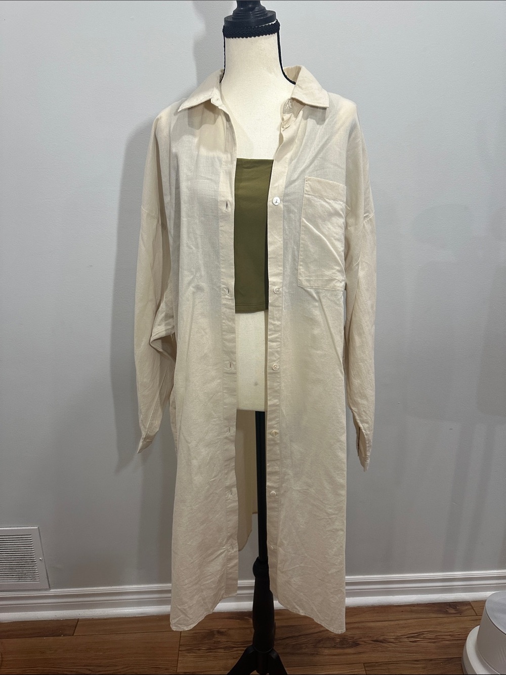 OAK + FORT Long Oversized Cream Button-Up Shirt Coverup Cotton Duster Sz Medium